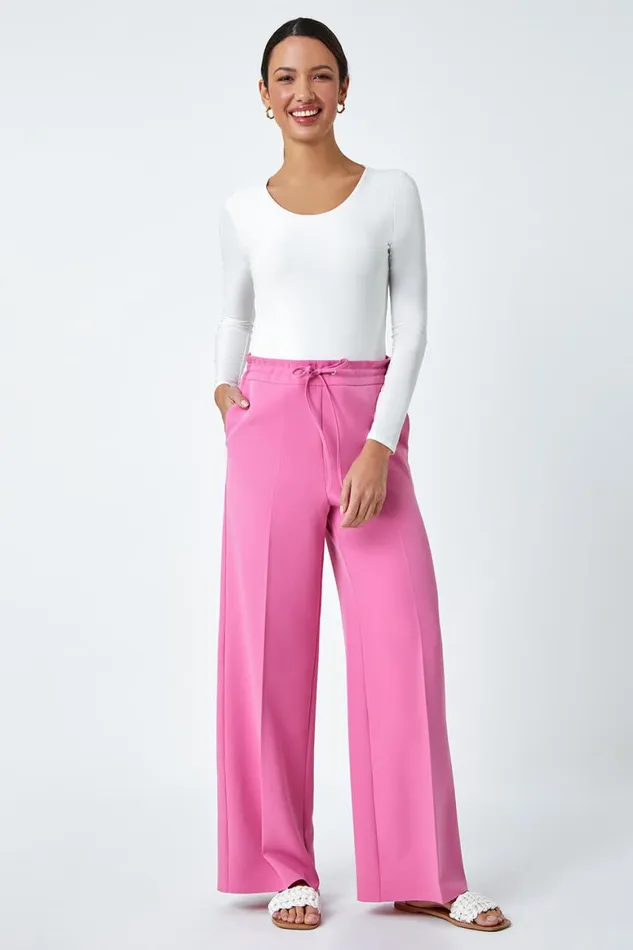 Women Light Pink Wide Leg Elastic Waist Tie Front Trouser Roman Trousers