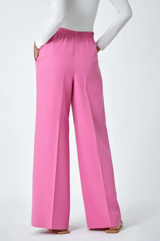 Women Light Pink Wide Leg Elastic Waist Tie Front Trouser Roman Trousers