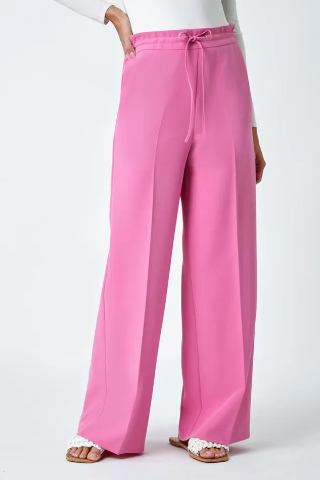 Women Light Pink Wide Leg Elastic Waist Tie Front Trouser Roman Trousers