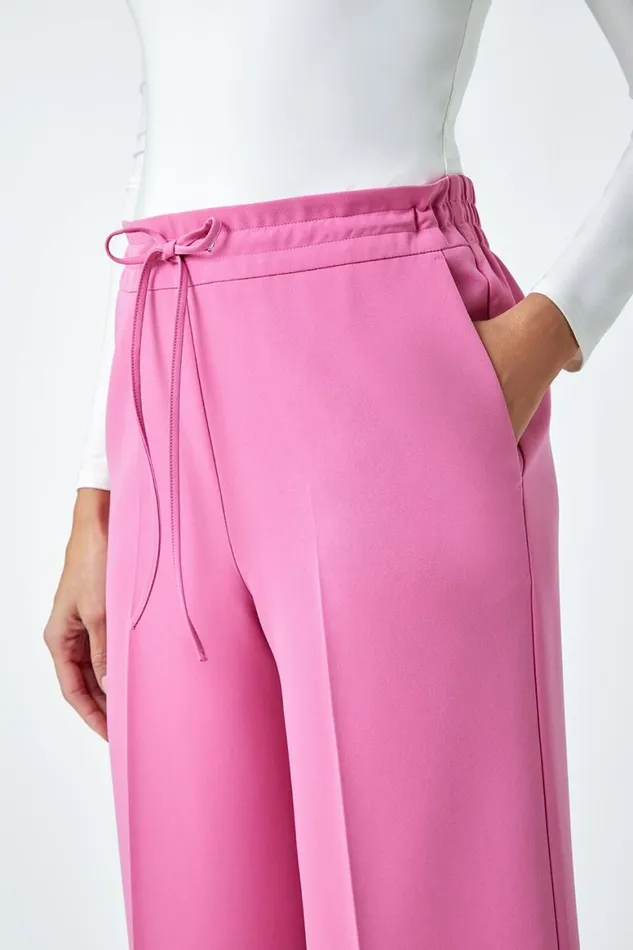 Women Light Pink Wide Leg Elastic Waist Tie Front Trouser Roman Trousers
