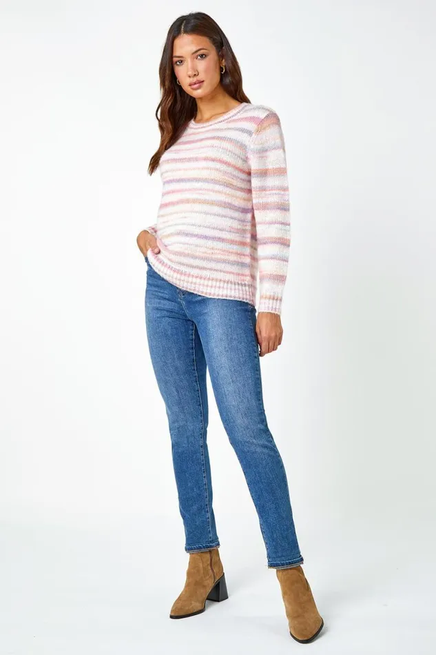Women Light Pink Wool Blend Striped Stretch Jumper Roman Knitwear