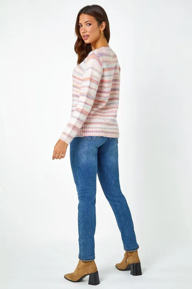 Women Light Pink Wool Blend Striped Stretch Jumper Roman Knitwear