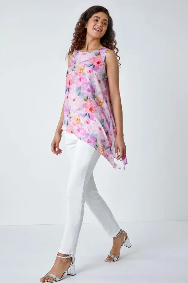Women Lilac Floral Asymmetric Top Roman Tops