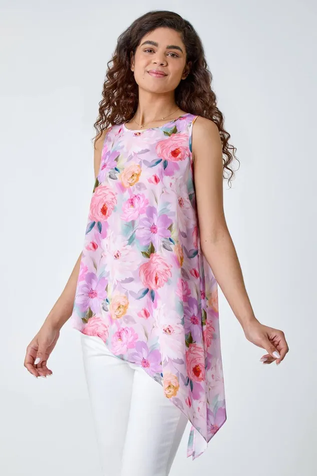 Women Lilac Floral Asymmetric Top Roman Tops