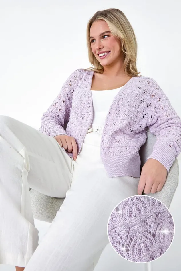 Women Lilac Petite Shimmer Crochet Knit Cardigan Roman Knitwear