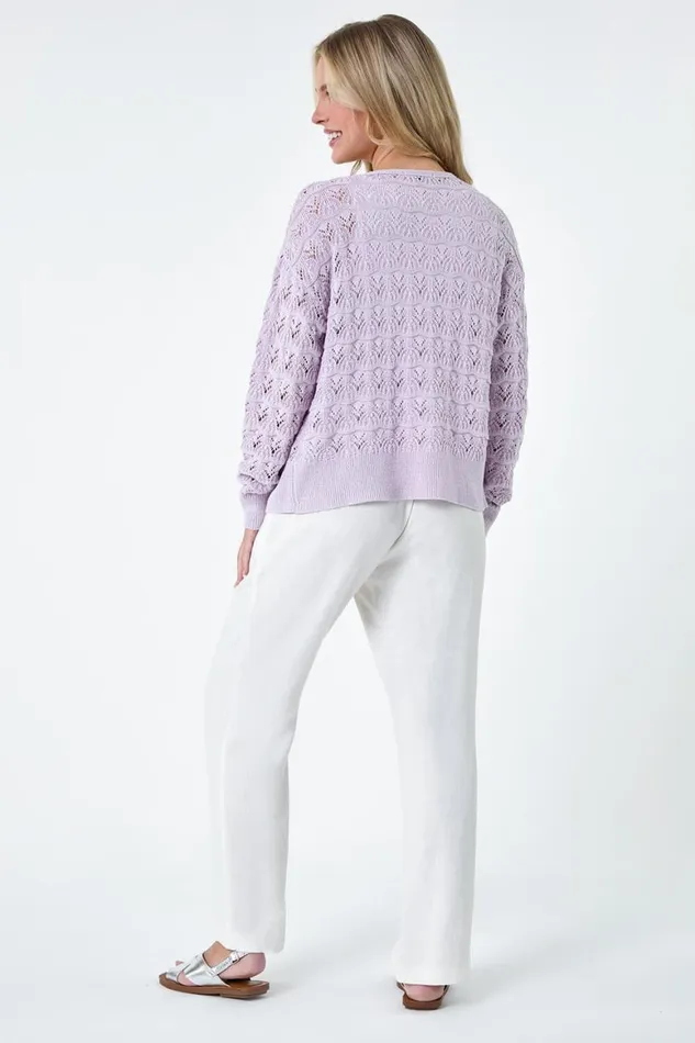 Women Lilac Petite Shimmer Crochet Knit Cardigan Roman Knitwear