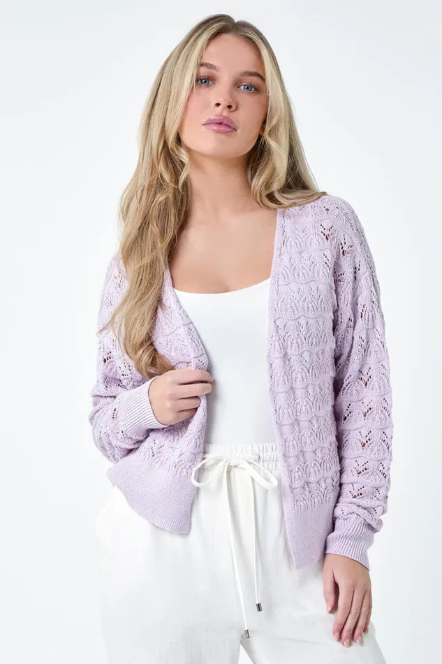 Women Lilac Petite Shimmer Crochet Knit Cardigan Roman Knitwear