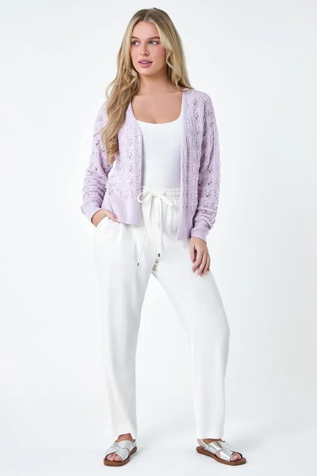 Women Lilac Petite Shimmer Crochet Knit Cardigan Roman Knitwear
