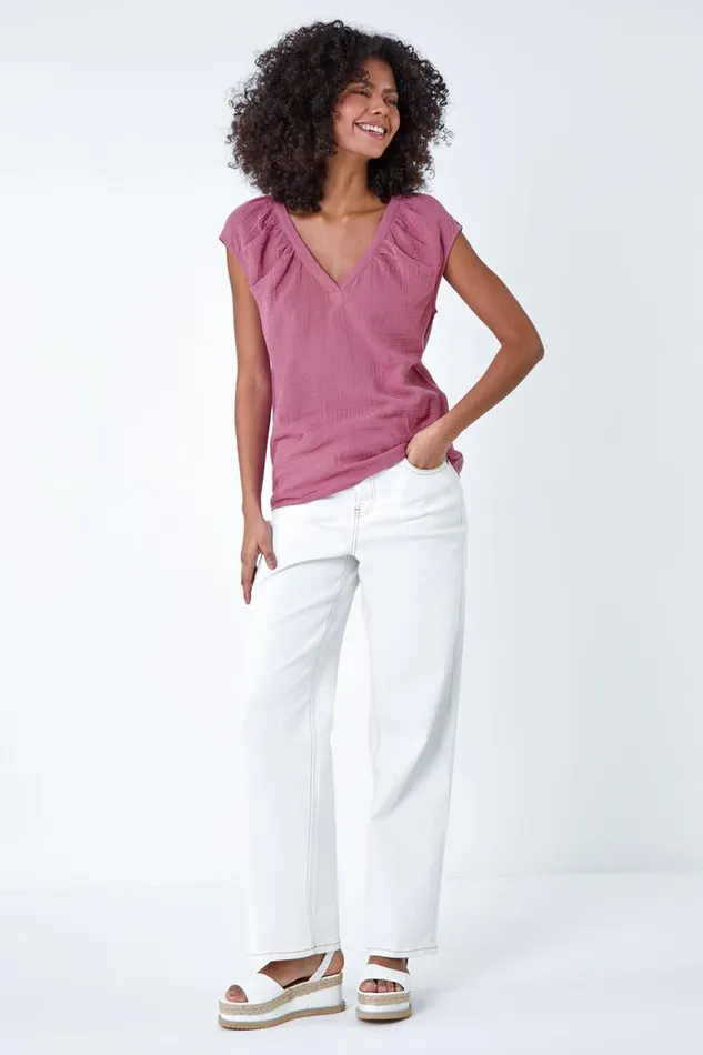 Women Lilac VNeck Pleat Detail Cotton Top Roman Tops