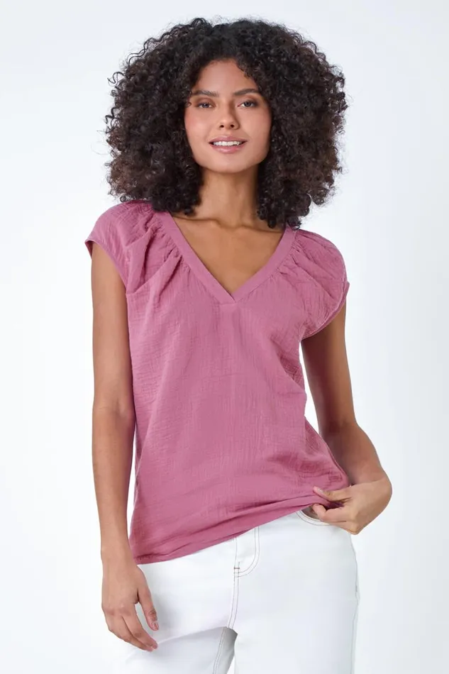 Women Lilac VNeck Pleat Detail Cotton Top Roman Tops