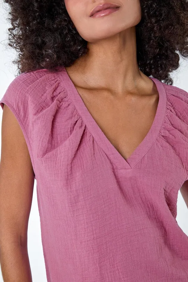 Women Lilac VNeck Pleat Detail Cotton Top Roman Tops