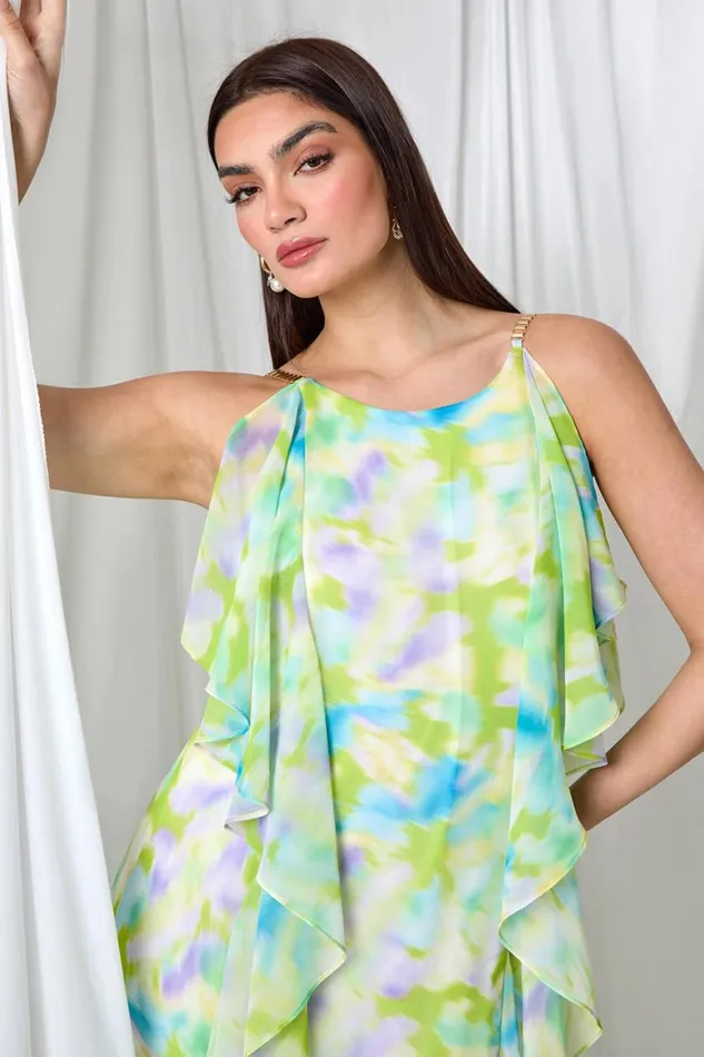 Women Lime Abstract Chiffon Ruffle Detail Midi Dress Roman Dresses