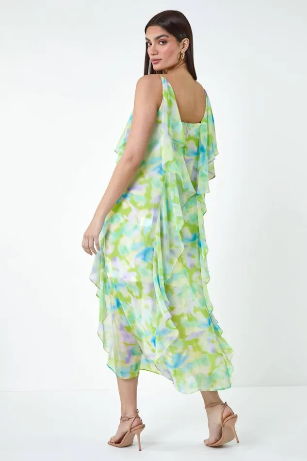 Women Lime Abstract Chiffon Ruffle Detail Midi Dress Roman Dresses