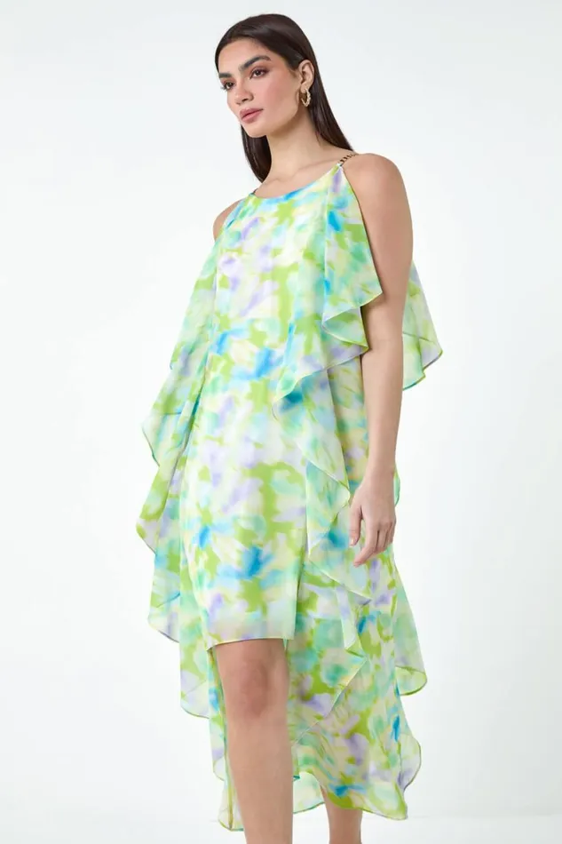 Women Lime Abstract Chiffon Ruffle Detail Midi Dress Roman Dresses