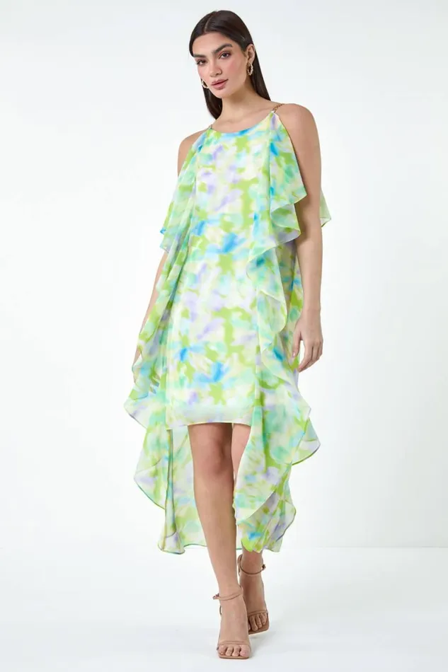 Women Lime Abstract Chiffon Ruffle Detail Midi Dress Roman Dresses