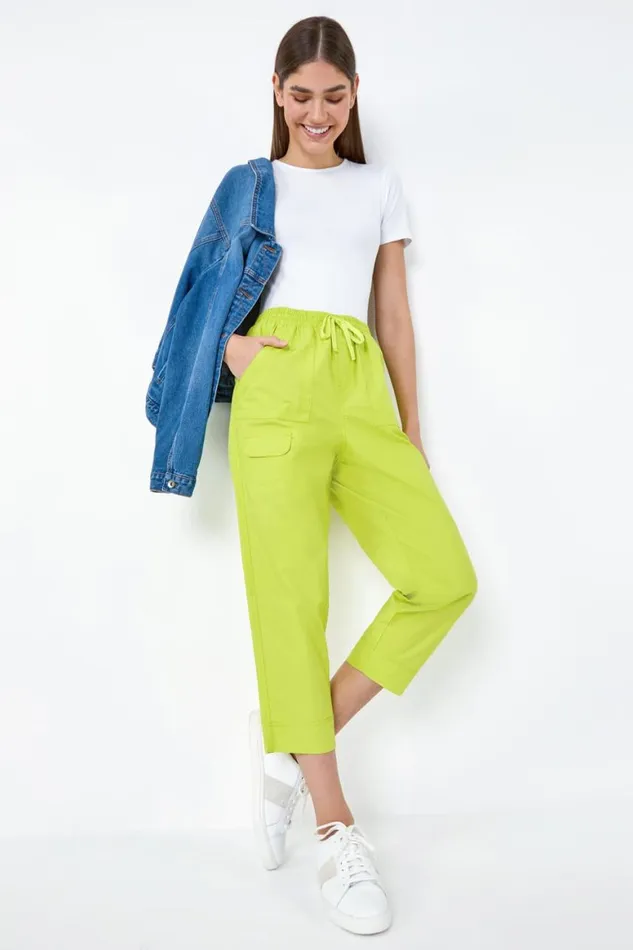 Women Lime Cotton Elastic Waist Cropped Cargo Trousers Roman Trousers