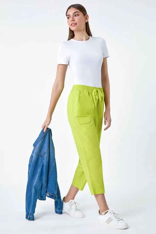 Women Lime Cotton Elastic Waist Cropped Cargo Trousers Roman Trousers