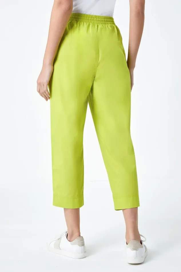 Women Lime Cotton Elastic Waist Cropped Cargo Trousers Roman Trousers