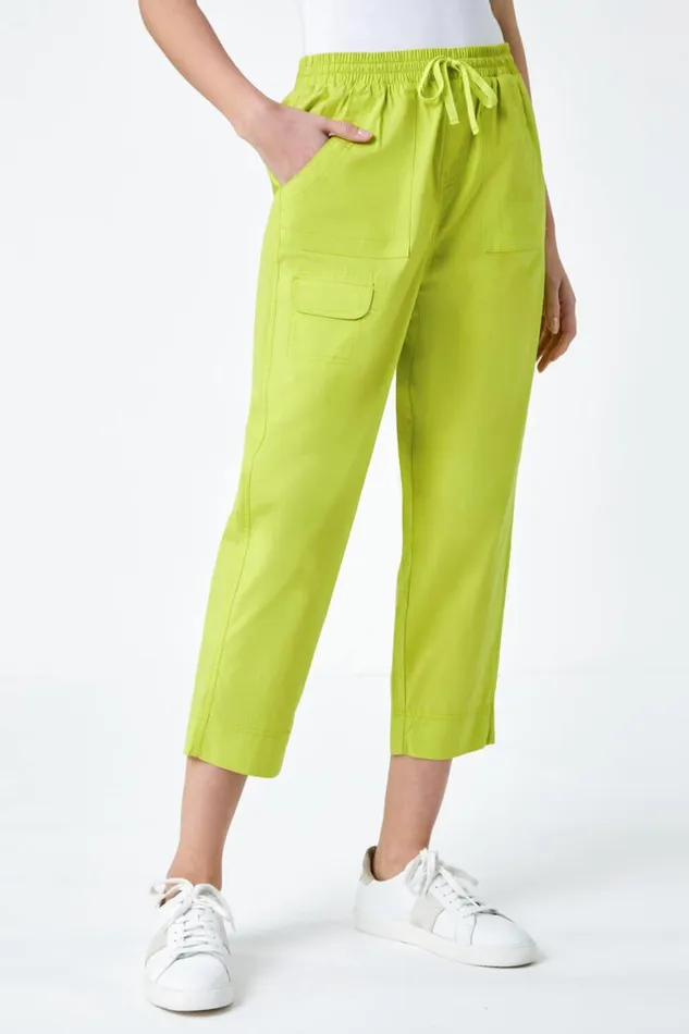 Women Lime Cotton Elastic Waist Cropped Cargo Trousers Roman Trousers