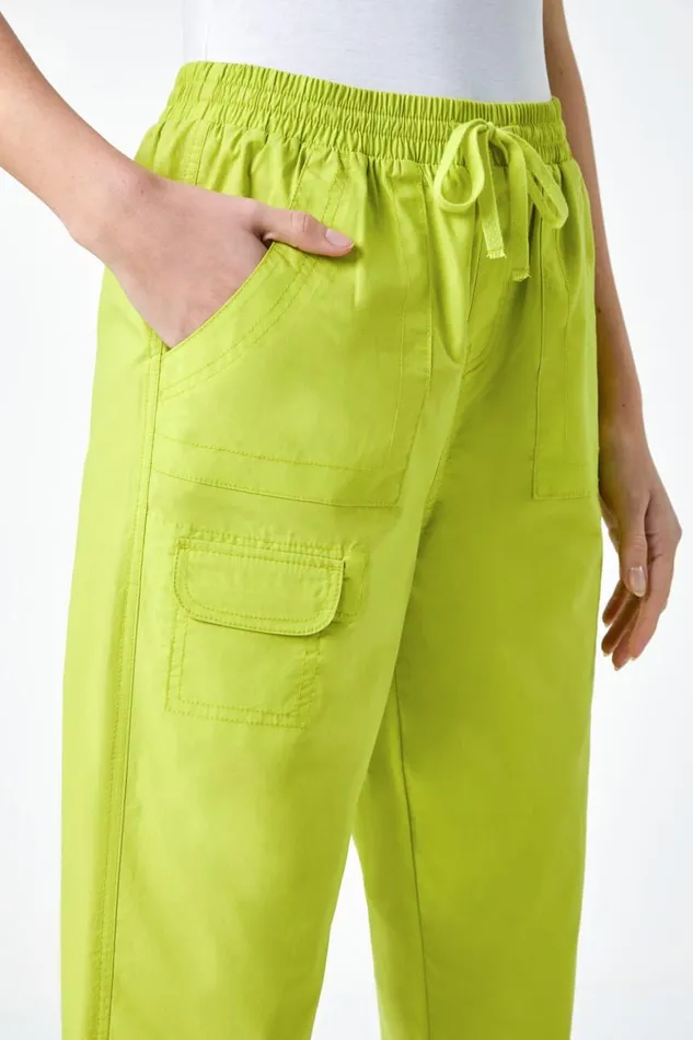 Women Lime Cotton Elastic Waist Cropped Cargo Trousers Roman Trousers
