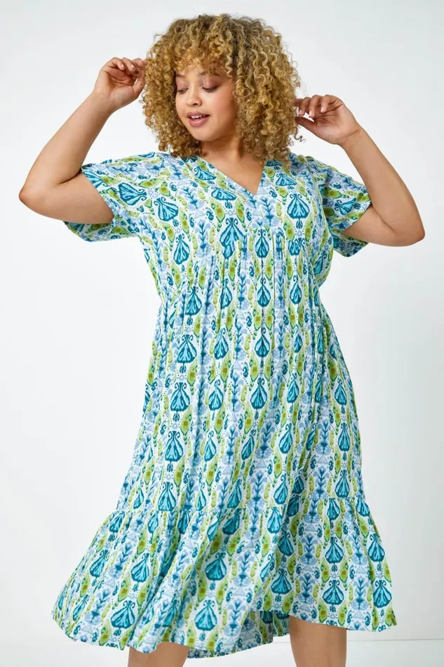 Women Lime Curve Abstract Tiered Midi Dress Roman Dresses