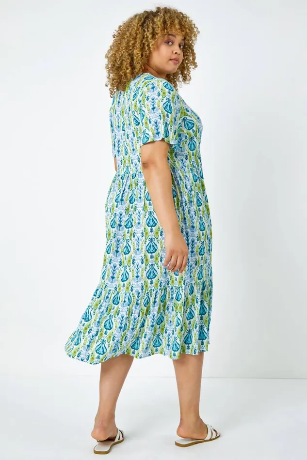 Women Lime Curve Abstract Tiered Midi Dress Roman Dresses