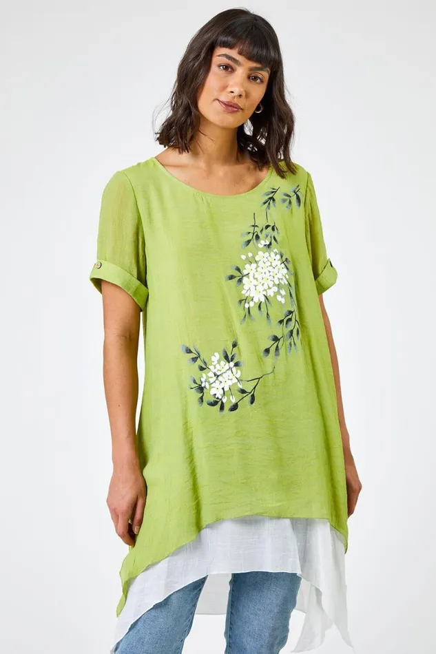 Women Lime Floral Print Asymmetric Tunic Top Roman Tops