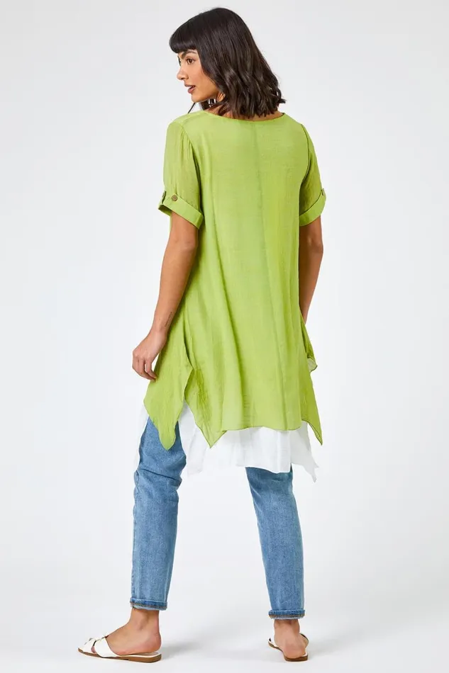 Women Lime Floral Print Asymmetric Tunic Top Roman Tops