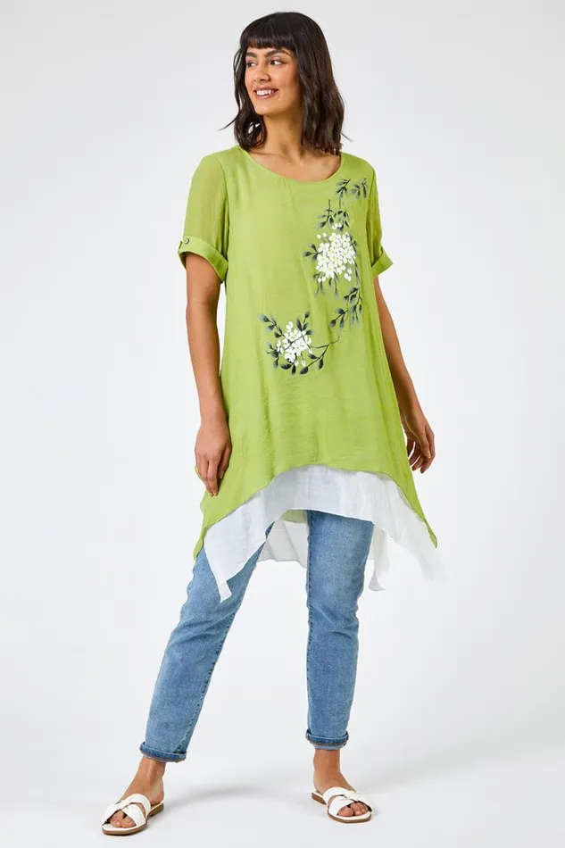 Women Lime Floral Print Asymmetric Tunic Top Roman Tops