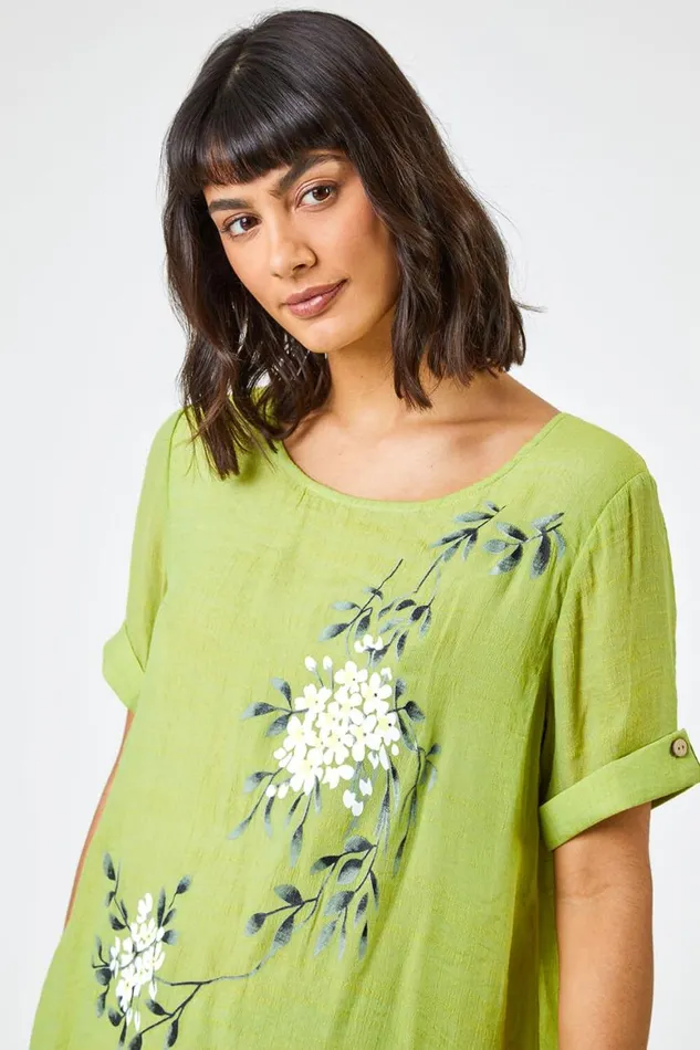 Women Lime Floral Print Asymmetric Tunic Top Roman Tops