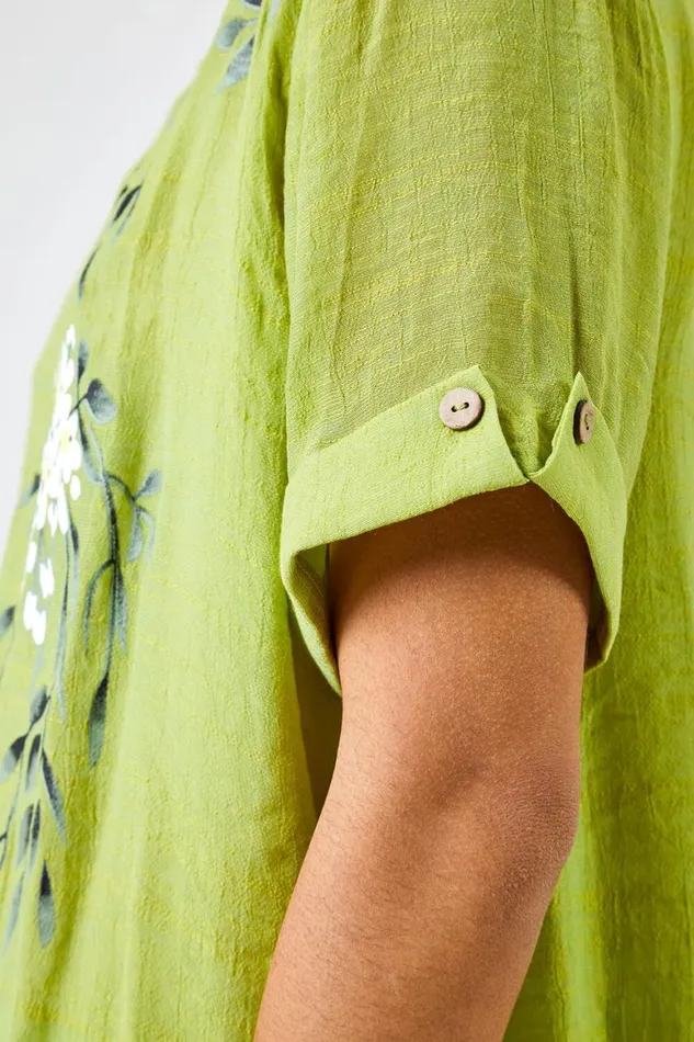 Women Lime Floral Print Asymmetric Tunic Top Roman Tops
