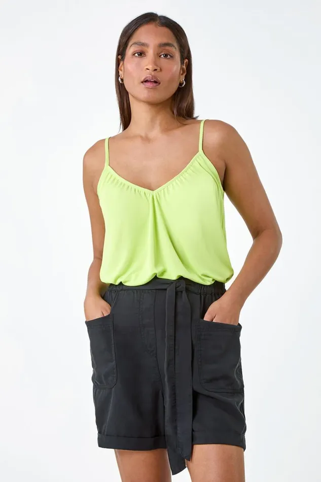 Women Lime Gathered VNeck Stretch Vest Top Roman Tops