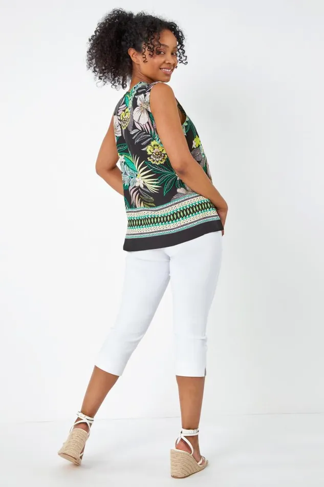 Women Lime Petite Floral Border Print VNeck Top Roman Tops