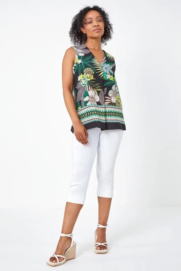Women Lime Petite Floral Border Print VNeck Top Roman Tops