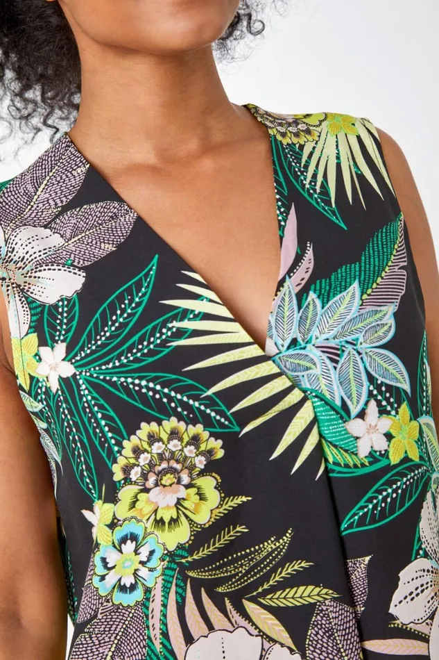 Women Lime Petite Floral Border Print VNeck Top Roman Tops