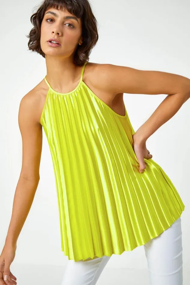 Women Lime Pleated Halter Neck Top Roman Tops