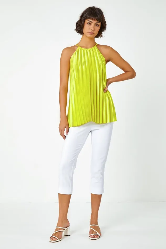 Women Lime Pleated Halter Neck Top Roman Tops