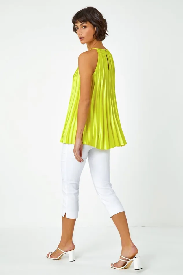 Women Lime Pleated Halter Neck Top Roman Tops