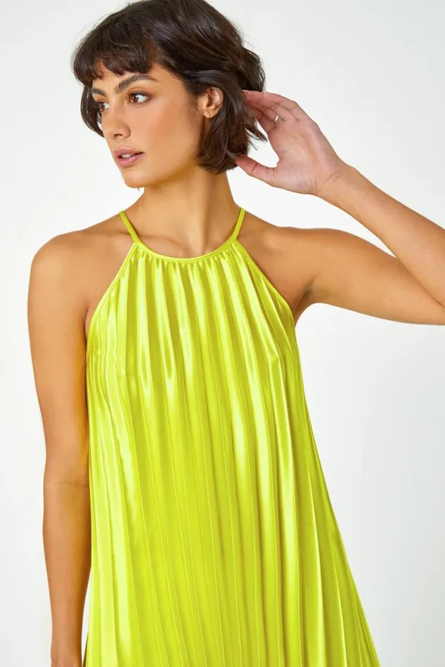 Women Lime Pleated Halter Neck Top Roman Tops