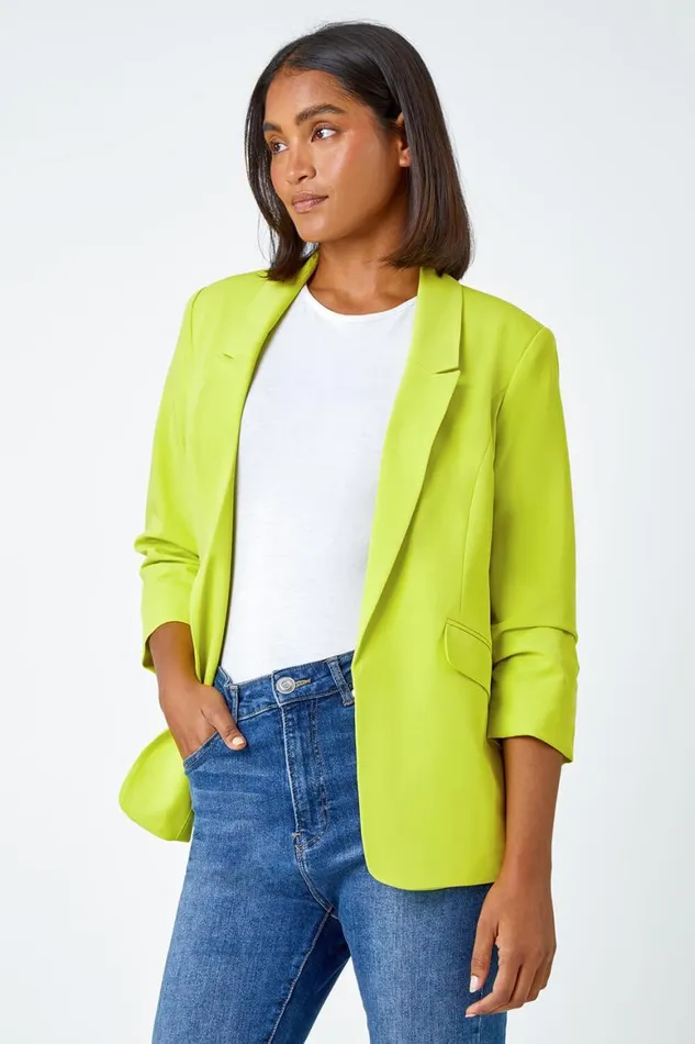 Women Lime Ruched 34 Sleeve Stretch Blazer Roman Coords