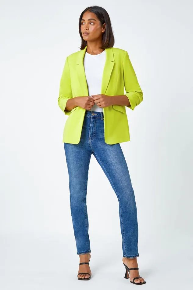 Women Lime Ruched 34 Sleeve Stretch Blazer Roman Coords