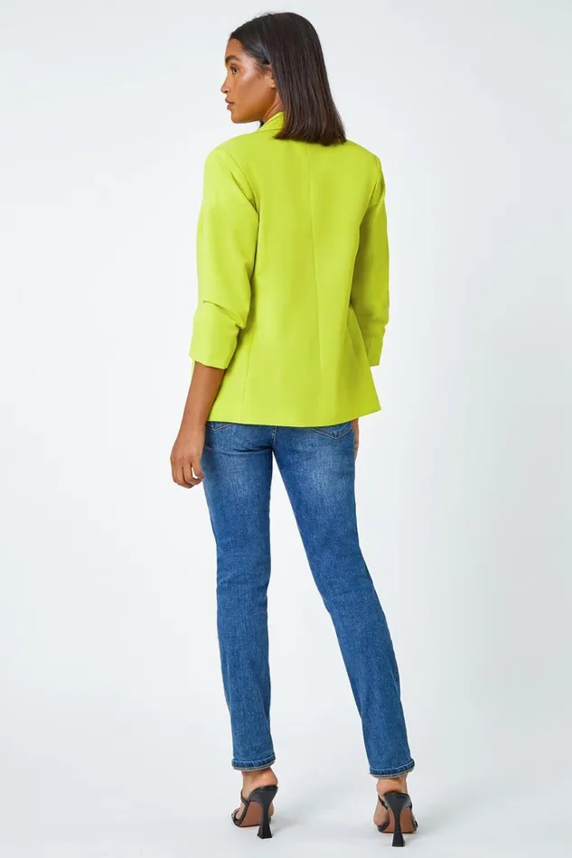 Women Lime Ruched 34 Sleeve Stretch Blazer Roman Coords
