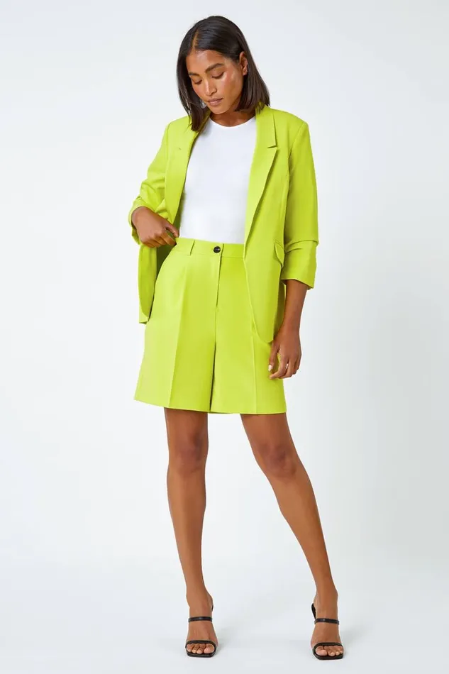Women Lime Ruched 34 Sleeve Stretch Blazer Roman Coords
