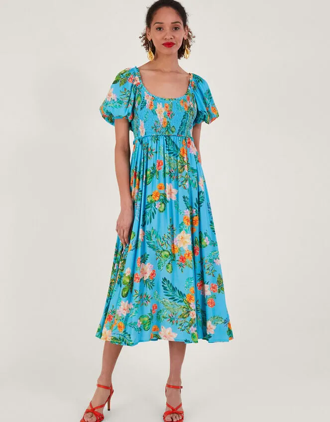 Women Limella Floral Print Shirred Dress In Sustainable Viscose Blue Monsoon Occasionwear