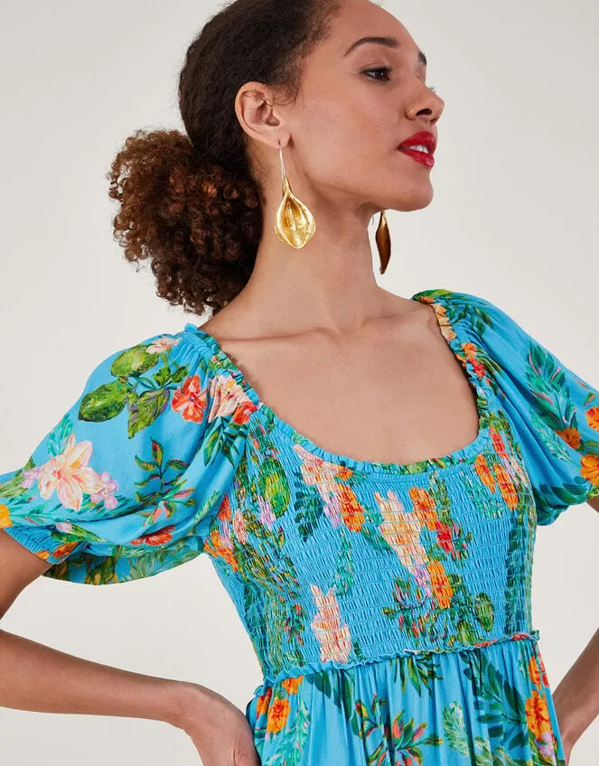 Women Limella Floral Print Shirred Dress In Sustainable Viscose Blue Monsoon Occasionwear