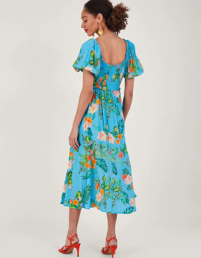 Women Limella Floral Print Shirred Dress In Sustainable Viscose Blue Monsoon Occasionwear