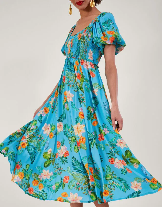 Women Limella Floral Print Shirred Dress In Sustainable Viscose Blue Monsoon Occasionwear