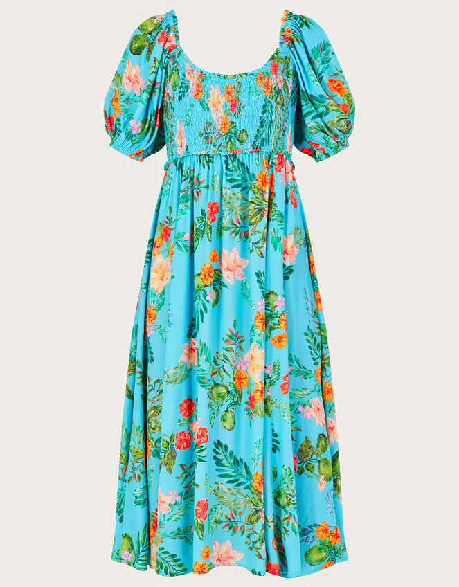 Women Limella Floral Print Shirred Dress In Sustainable Viscose Blue Monsoon Occasionwear