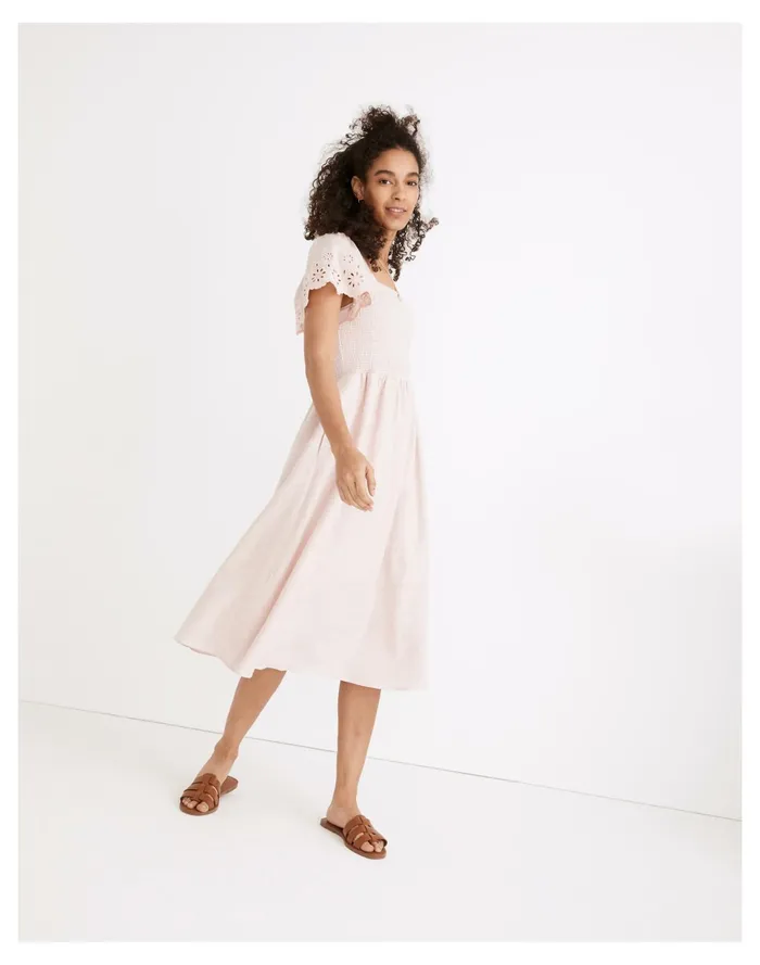 Women Linen Blend Eyelet Sleeve Lucie Smocked Midi Dress Wisteria Dove Madewell Dresses