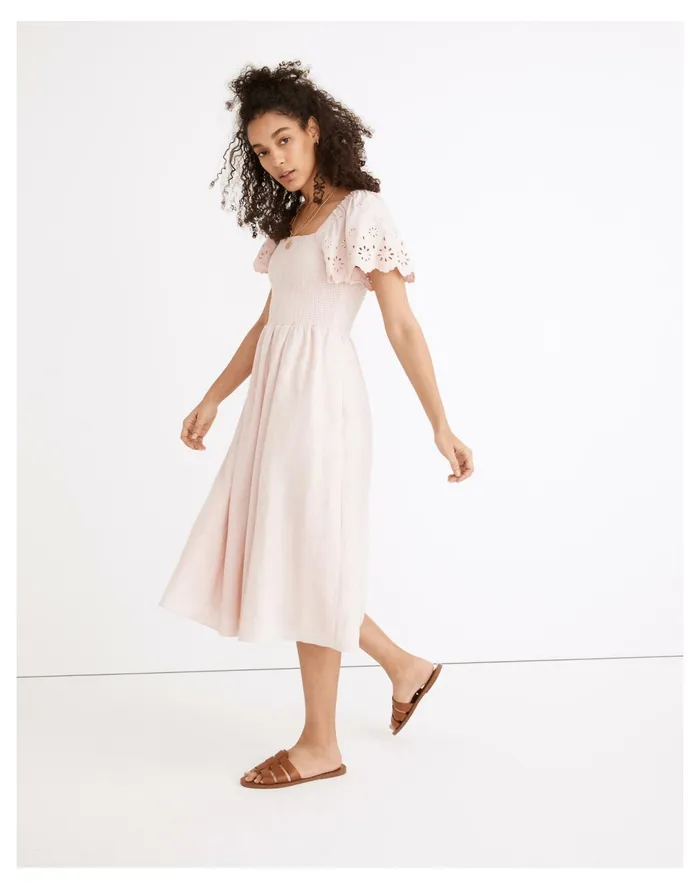 Women Linen Blend Eyelet Sleeve Lucie Smocked Midi Dress Wisteria Dove Madewell Dresses Women Linen Blend Eyelet Sleeve Lucie Smocked Midi Dress Wisteria Dove Madewell Dresses